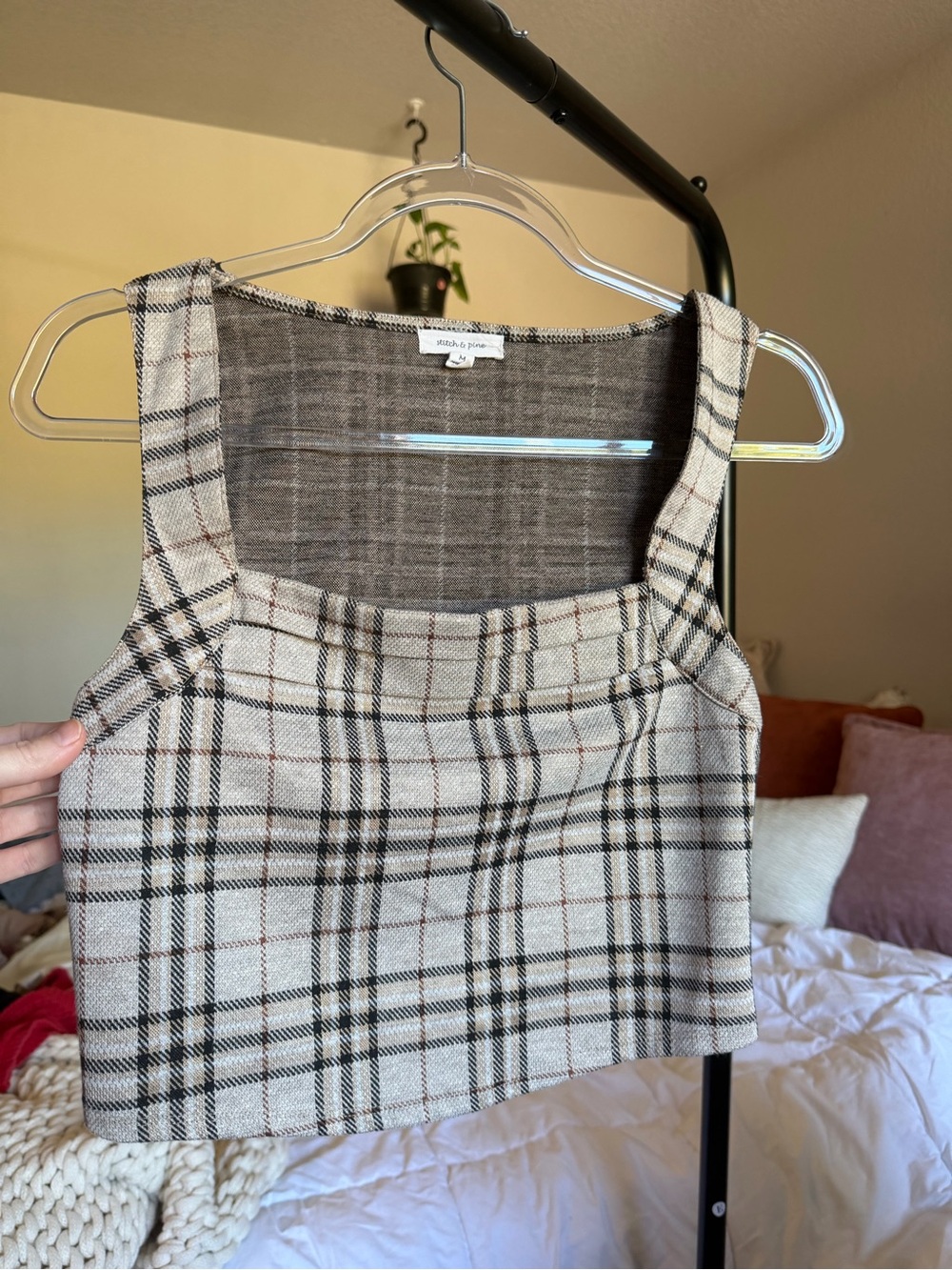 Plaid Square-Neck Crop Top in Beige